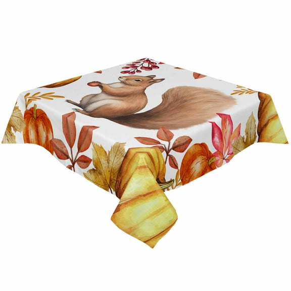Fall Golden Red Orange Pumpkins Square/Round Tablecloths 54x54,Thanksgiving Squirrel Leaf Table Cloth Table Cover Indoor/Outdoor Tabletop Decor for Wedding Holiday Party Dinner Baby Shower