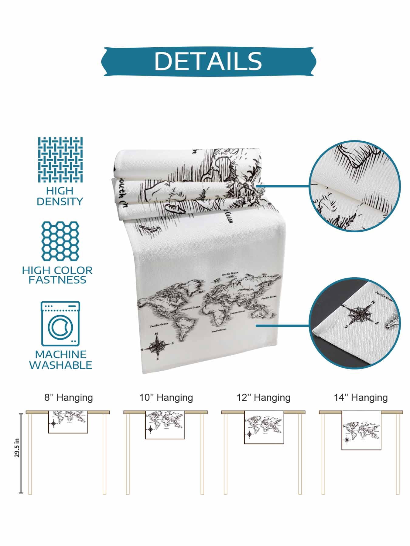 Sea Map Table Runner, Vintage Black White Nautical Travel World Map Compass Washable Cotton-linen Table Runners Dining Kitchen Decoration for Everyday Home Wedding Party Decor, 13 x 108 Inch