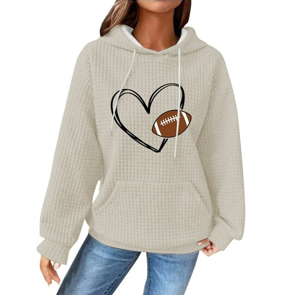 Holzkary Game Day Hooded Sweatshirt for Women Knit Sweatshirt Football Graphic Long Sleeve Sweater Football Season Pullover Funny Football Graphic Shirt Long Sleeve Game Day Pullover Hoodies Beige L
