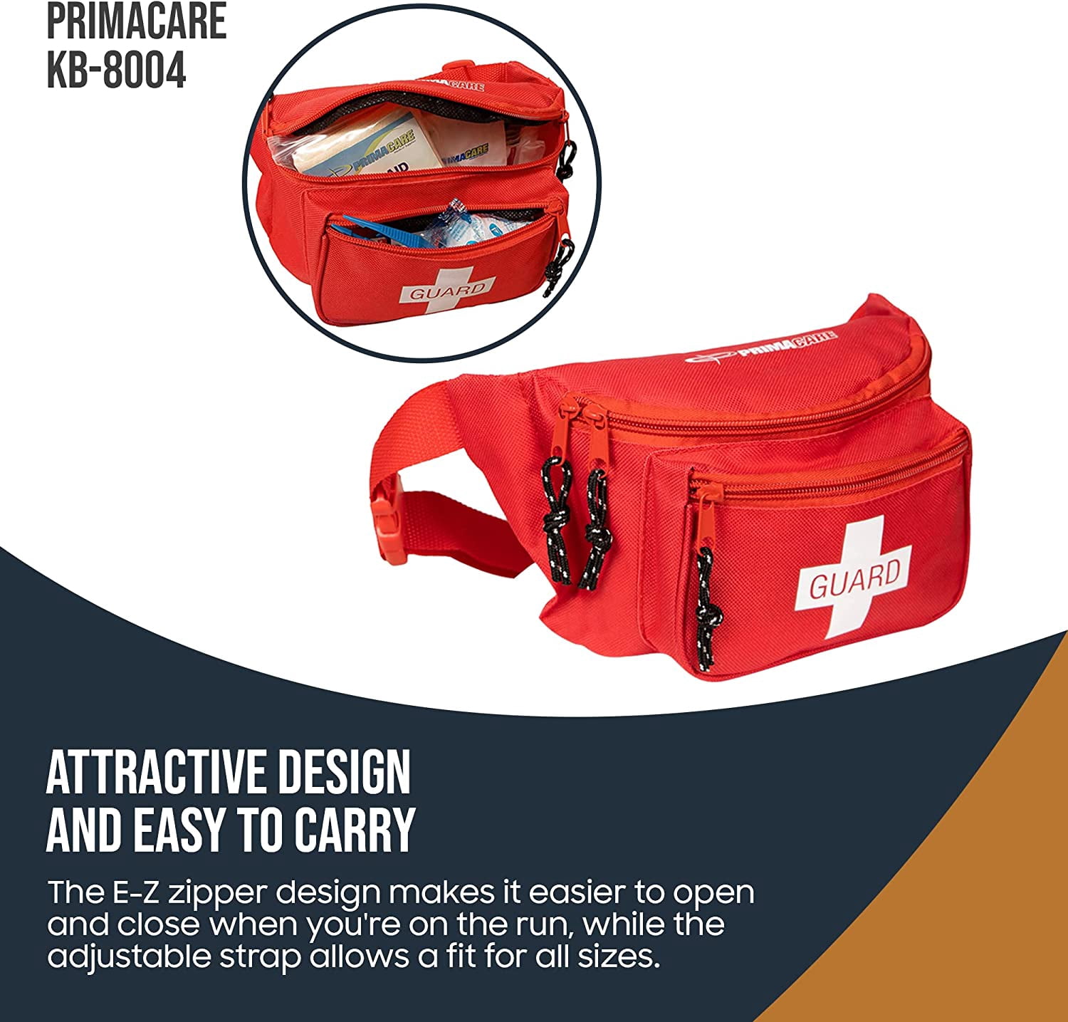 Primacare KB-8004-3 First Aid Empty Fanny Pack with 3 Pockets, Red, 8" x 2" x 6", Pack of 3 Fanny Packs