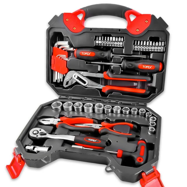 TOPEX Ensemble de 52 Pcs d'Outils à Main Portable pour la Maison/l'auto avec Clé à Cliquet, Pinces, Ensembles de Tournevis et Étui de Rangement