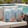 thumbnail image 4 of Summer Ocean Outdoor Pillow Covers Pack of 2 Coastal Jellyfish Orange Corals Shells Teal Wooden Waterproof Throw Pillow Covers Decorative Cushion Cases for Patio Garden Tent Balcony Couch 26x26 inch, 4 of 9