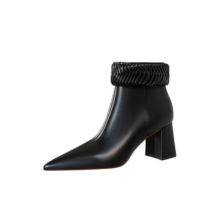 

Eloshman Womens Slip Resistant Chunky Booties Nightclub Comfort Plaid High Heel Boot Anti-Slip Woven Winter Shoes Black 5