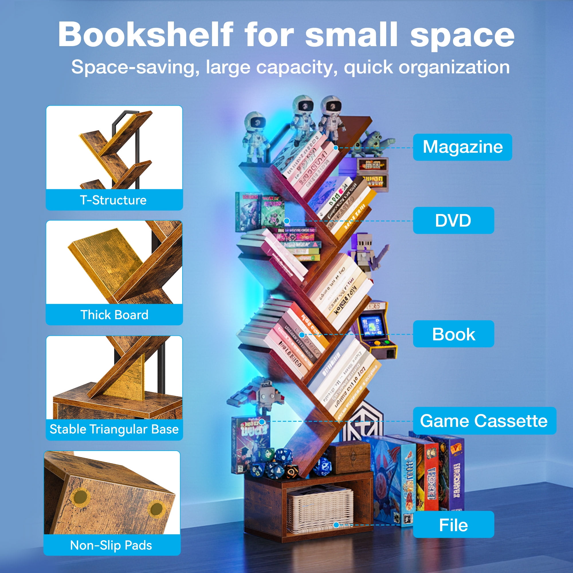 Casacomoda 6-Tier Tree Bookshelf with LED Light, Modern Corner Bookcase Display Shelf for Living Room, Bedroom & Home Office, Vintage