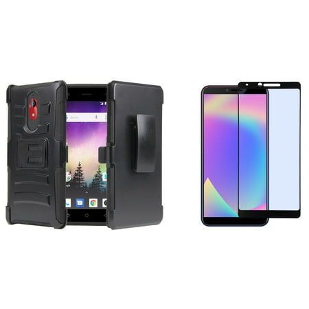Bemz Rugged Series Case for Coolpad Legacy (2019) Bundle with Full Body Dual Layer Armor Cover Belt Clip Holster (Black), Tempered Glass Screen Protector and Atom