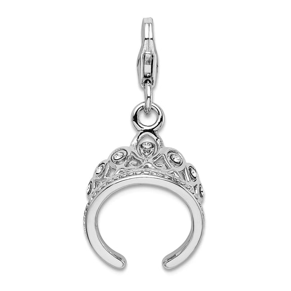 925 Sterling Silver Solid Polished Fancy Lobster Closure 3-D Crystal Tiara With Lobster Clasp Charm 24x15mm Pendant Neck