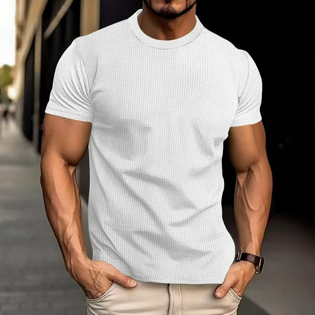 pstuiky Mangas cortas para hombre, Camiseta deportiva informal elástica de manga corta con cuello redondo para hombre, color liso ropa de hombre m