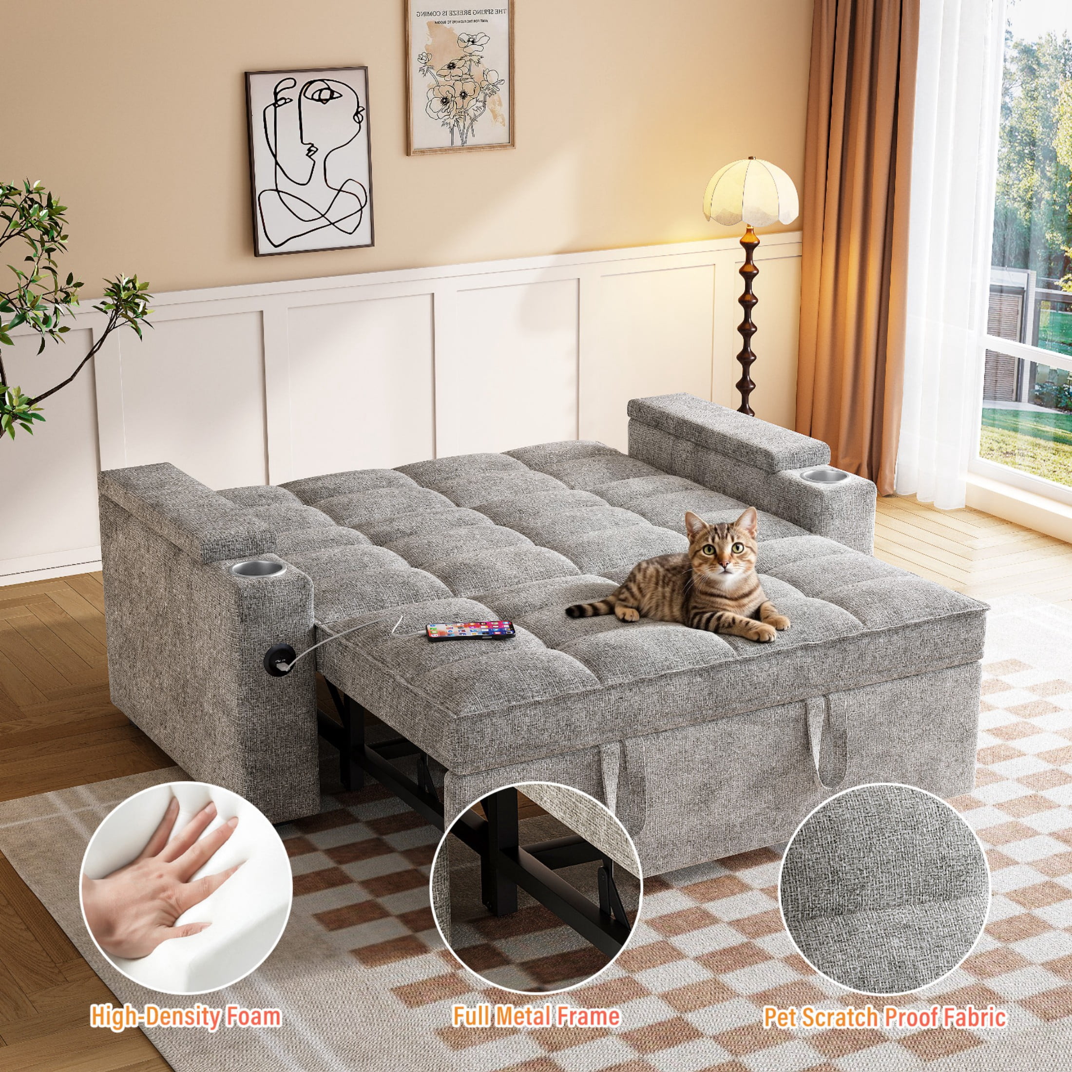 3-in-1 Sleeper Sofa,65" Loveseat Sofa Bed, 2 Seater Convertible Small Couch with 360° Swivel Side Table and USB,Chenille Pull Out Bed ,Gray