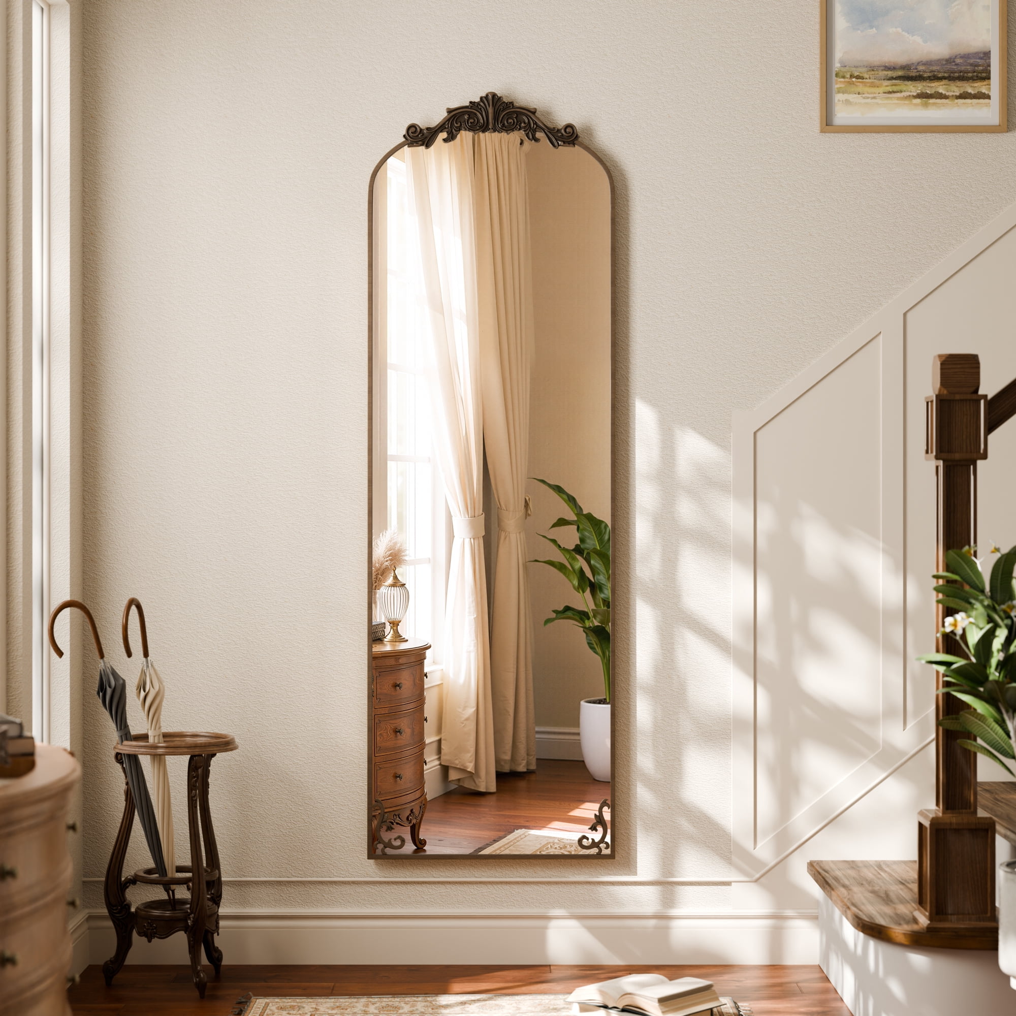 AUROMIR 64"x 21" Arched Floor Mirror Full Length Mirror Baroque Vintage Mirror with Carved Frame, Antique Bronze