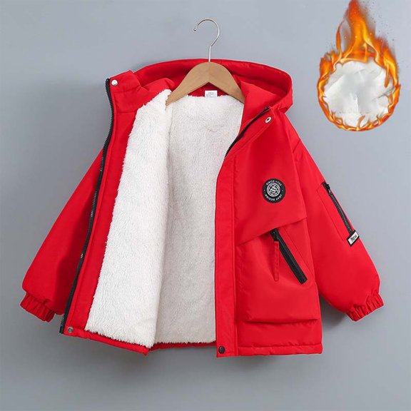 YMNXA Big Kids Boys Hooded Coat Long Sleeve Zipper Plush Warm Thickened Windproof Jacket For Cold Weather Red 4-5 Years