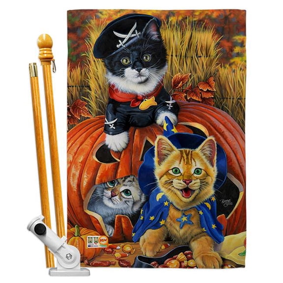 Breeze Decor BD-HO-HS-112058-IP-BO-D-US13-AL 28 x 40 in. Halloween Kittens Fall Impressions Decorative Vertical Double Sided House Flag Set with Pole Bracket Hardware