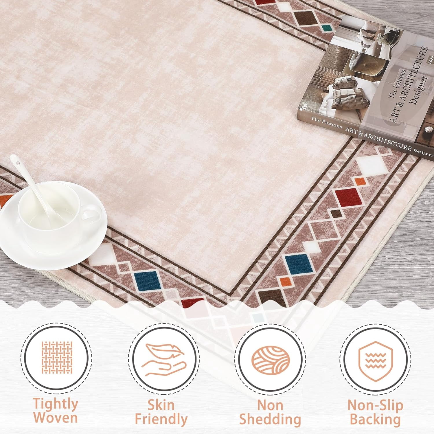 Shininglove Modern Bordered Runner Rugs 2x6ft, Machine Washable Low Pile Carpet with TPR Non-Slip Backing for Laundry Room Bedroom(Beige)