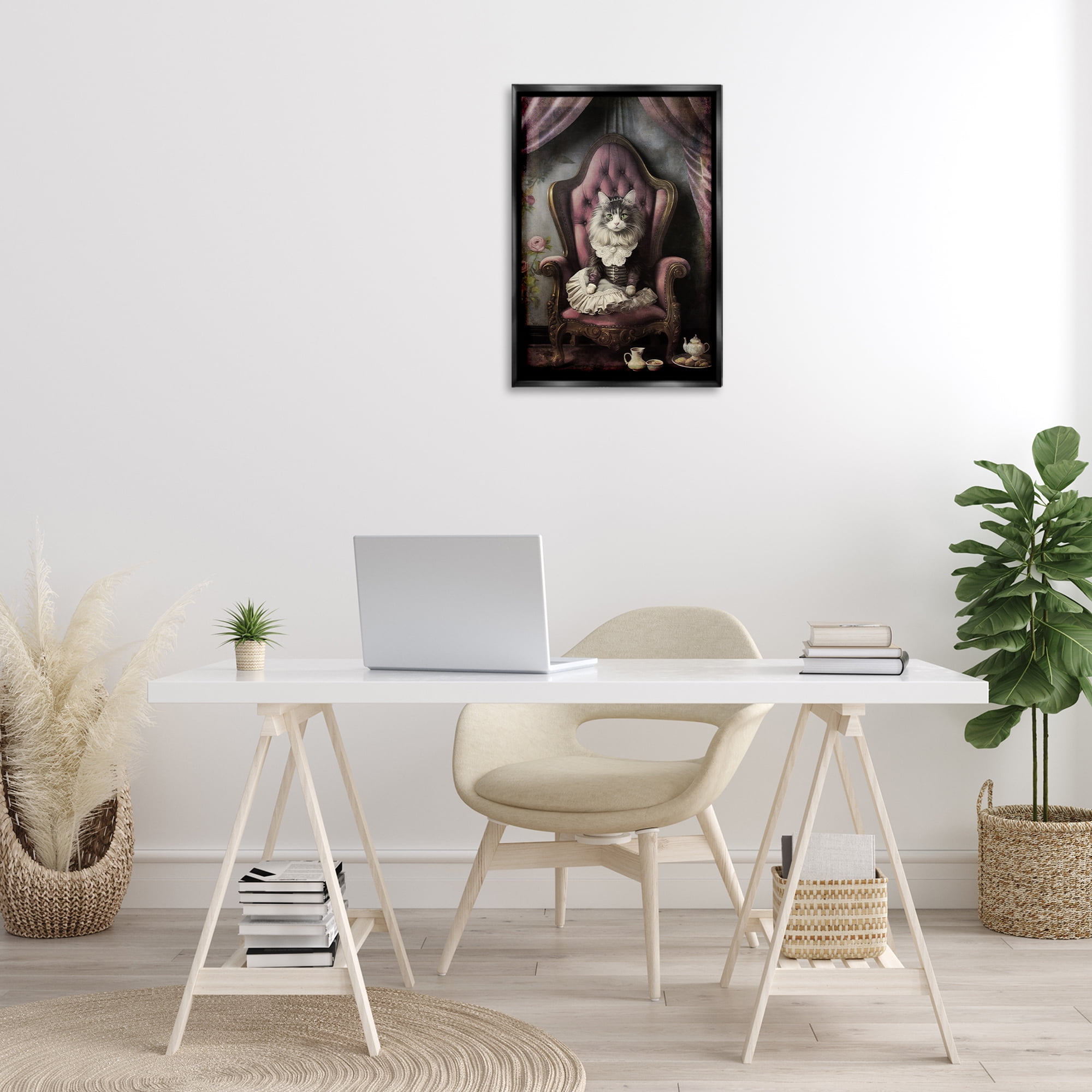 Stupell Industries Royal Cat & Tea Novelty Painting Black Floater Framed Canvas Art Print Wall Art, 17 x 25
