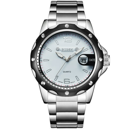 Arabic Plain White Dial Mens Quartz Watch White Dial Solid Steel Belt Arabic Numerals 24Hour Date Simple Ultra-Thin for Collection Gift Casual ()