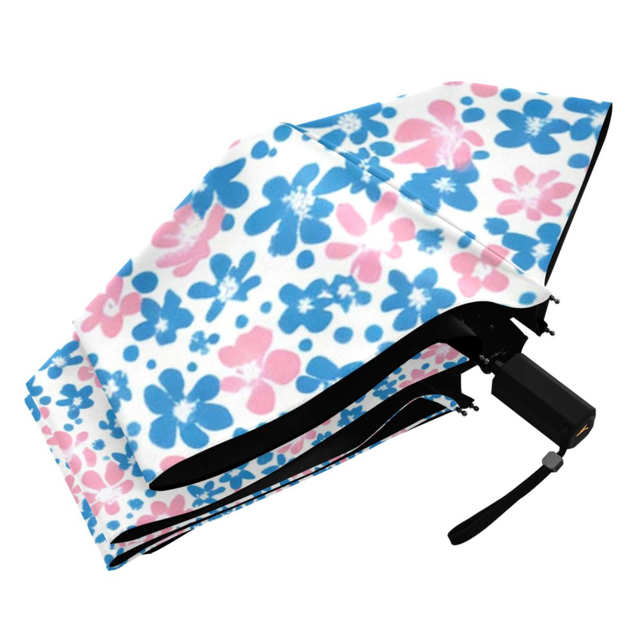 Blue and Pink Small Flowers Compact Sun Umbrella Windproof Travel Umbrellas for Rain Strong Portable UV Protection