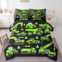 Homewish Car Theme 7 Pieces Bedding Comforter Set For Teens Boys Girls,Cartoon Green Truck Full Bedding Set Lightweight,Construction Vehicles Fitted Sheet Flat Sheet,Microfiber Bedroom Decor