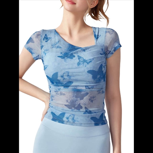 Blusas Ajustadas de Corta con Frunces y Estampado Floral de Cuello Asimétrico para Mujer Azul M
