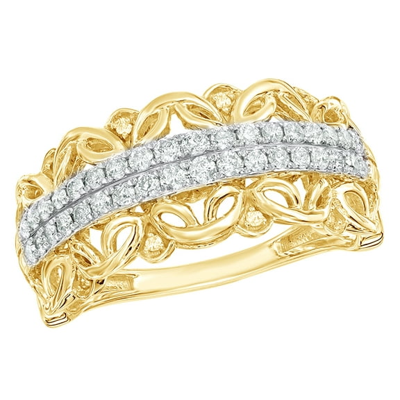AFFY White Natural Diamond Double Row Vintage Style Scroll Band Ring in 10k Yellow Gold