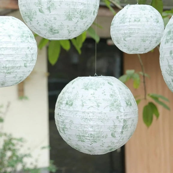 BalsaCircle 8 White Sage Green Chinoiserie Floral Print Hanging Paper Lanterns Party Events Decorations Supplies