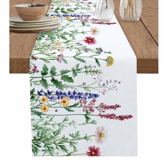 Ldtrchee Spring Floral Table Runner 48 Inches, Summer Botanical Flowers Herb Pastoral Bed Runner Dresser Scarves Tabletop for Indoor Outdoor Parties/Ceremony/Banquet, 13" x 48"