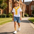 thumbnail image 4 of Boys 4 Pieces Back To School Outfit Round Neck Solid Short Sleeve Tee and Pockets Denim Shorts and Shawl and Knee High Socks Performance Outfits Casual Clothes Set 3-16 Years, 4 of 9
