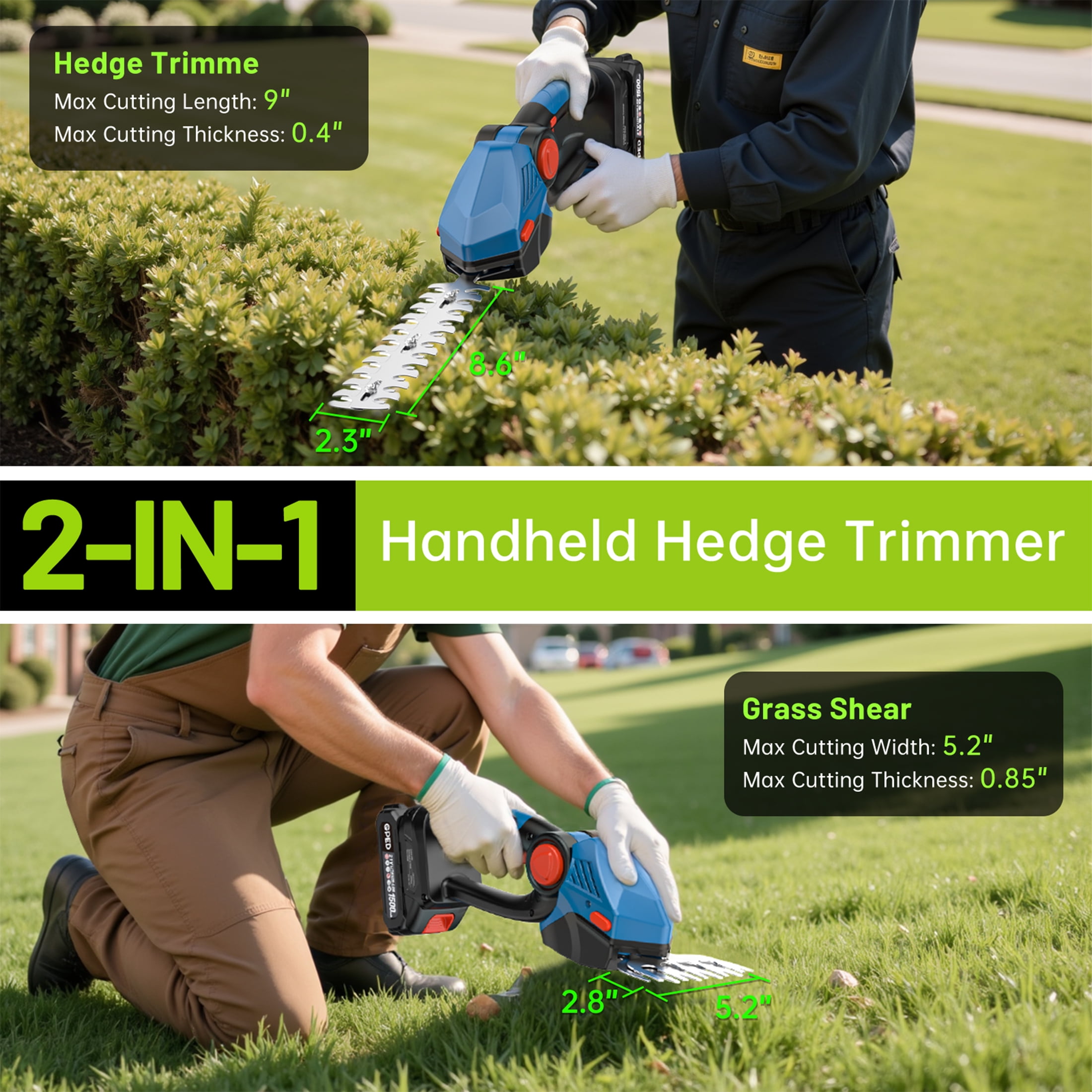 GPED Cordless Hedge Trimmer, 2-in-1 Grass Shears Handheld with 2 Pack Rechargeable Battery, Lightweight Shrubbery Trimmers, Bush Trimmer for Gardens, Yards and lawns, Blue