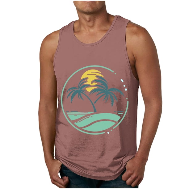 Mens Camisetas de Verano Casual sin Mangas de Impresión Suéter Cuello Redondo Deportes Superior, Poliéster