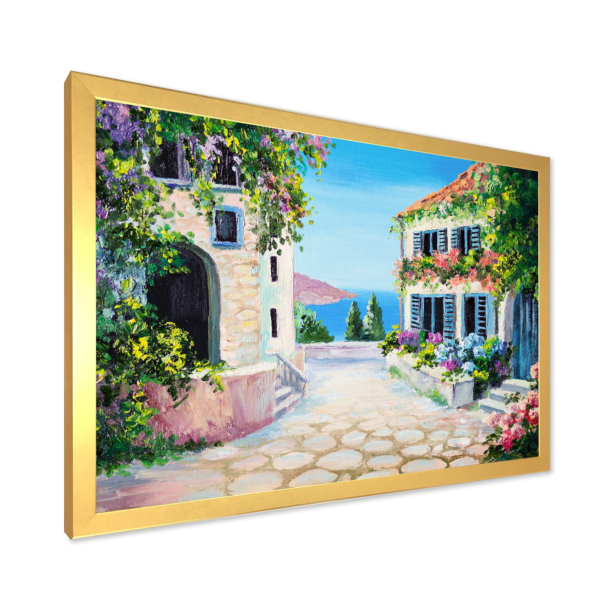 Designart 'Blossoming Flowers With White Houses With Near The Sea' Nautical & Coastal Framed Art Print