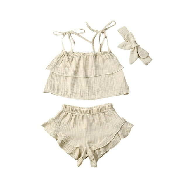 Nituyy Débardeurs Sans Manches Col Bateau + Shorts à Volants + Bandeau pour Filles