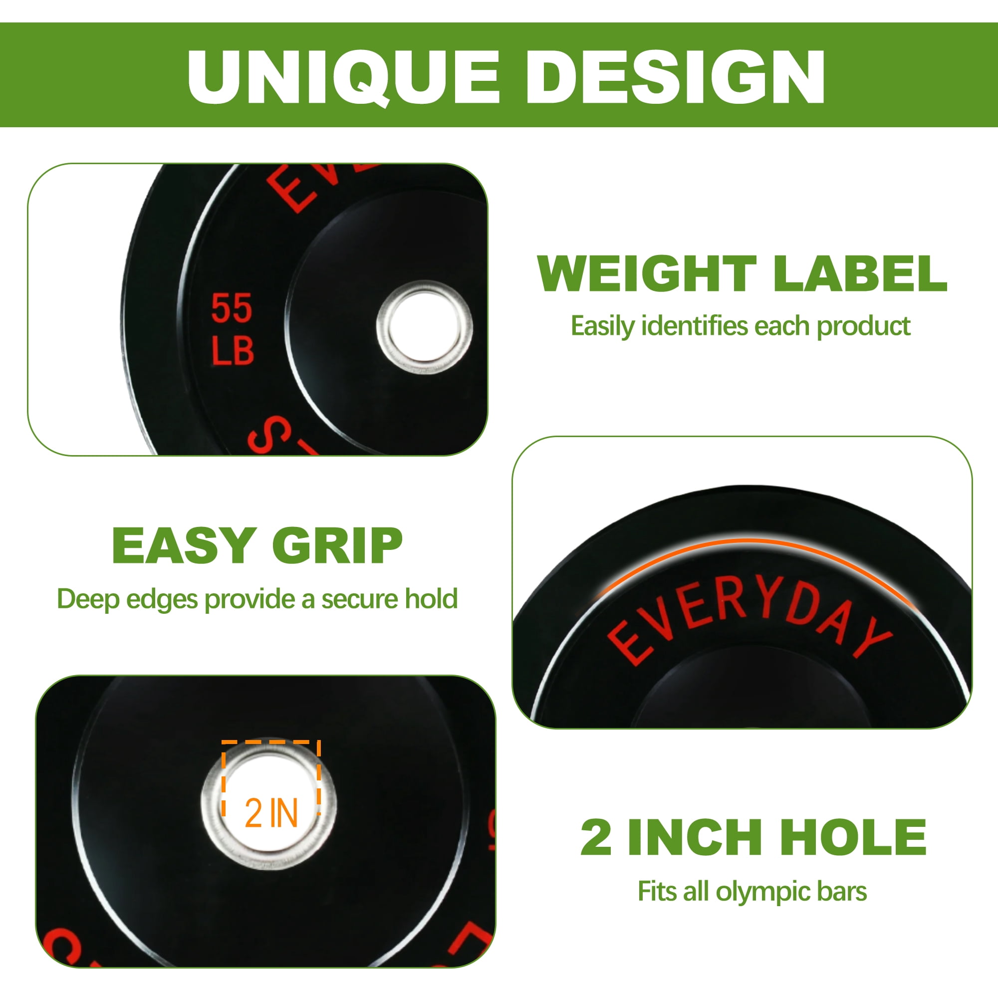 FlexWave 200LB Olympic Bumper Plate Set, 2-Inch Rubber Weight Plates with Steel Hub for Strength Training & Home Gym