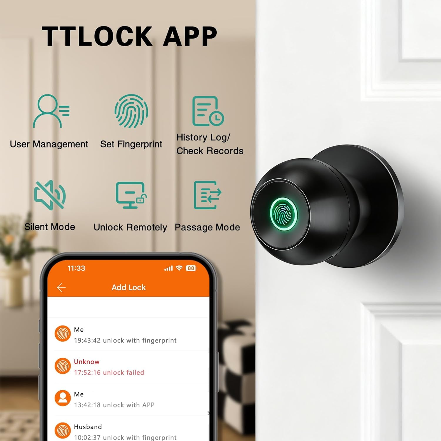Smart Door Knob, Fingerprint Door Lock with App Control, Auto-Lock, Easy Installation, Great for Bedrooms, Cloakroom, Apartments, Offices (Black)
