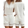 thumbnail image 3 of Womens Summer Two-Piece V-Neck Hollowed-Out Patchwork Short Sleeved Top and Shorts Set Loose Casual Fashion Outfit White XL, 3 of 3