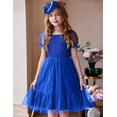 thumbnail image 5 of Oudiya Girls Tulle Dresses Puff Sleeve Bow Tie Back Spring Summer Party Holiday Dress for Kids 6-16, 5 of 6