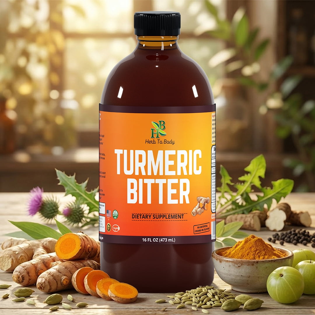 Herb To Body Turmeric Bitters Liquid 16oz - with Turmeric Root and Natural Herbal Blend