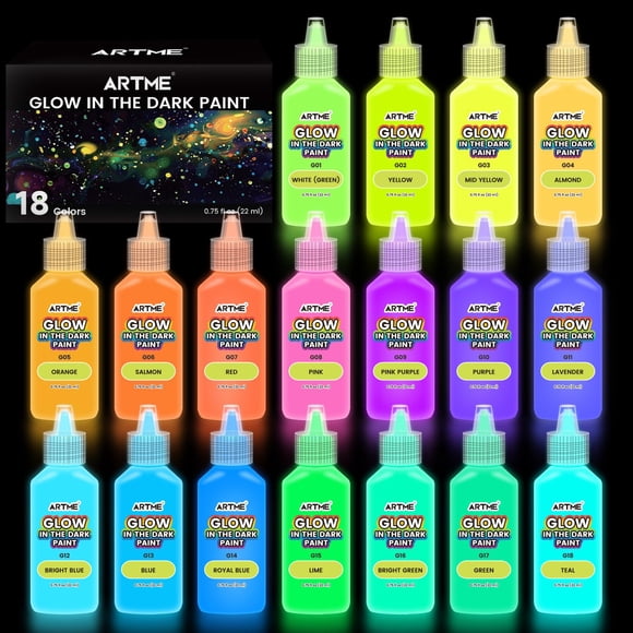 Pintura ARTME que brilla en la oscuridad, 18 colores brillantes, 22 ml, luz negra