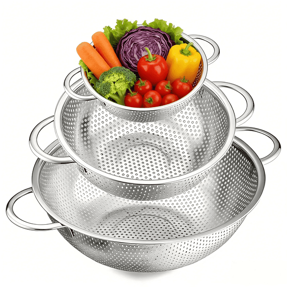 YUOFD Stainless Steel Colander Set of 3(1-3-5quart), Mesh Colanders & Food Strainer, Metal Strainers and Colanders With Handles For Kitchen/Draining Pasta/Rinsing Vegetables Fruits