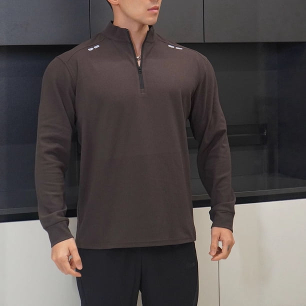 pstuiky camisetas de manga larga para hombre, Camiseta deportiva informal de manga larga para hombre, color liso, con cuello alto, media cremallera y hebilla, ajustada top de hombre s