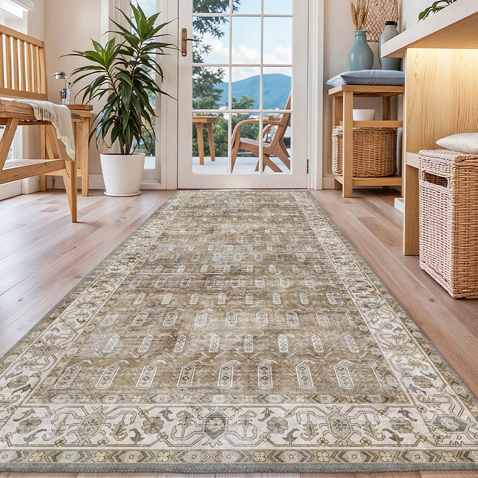 PABUBE Vintage Runner Rug, Non Slip Machine Washable Fade Resistan, 3'x12'