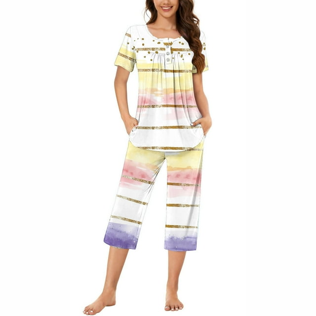Tnhcen Pantalons Capri à Manches Courtes avec Poches Ensemble de Pyjama d'Été Imprimé pour Femmes 2 Pcs P-3TG