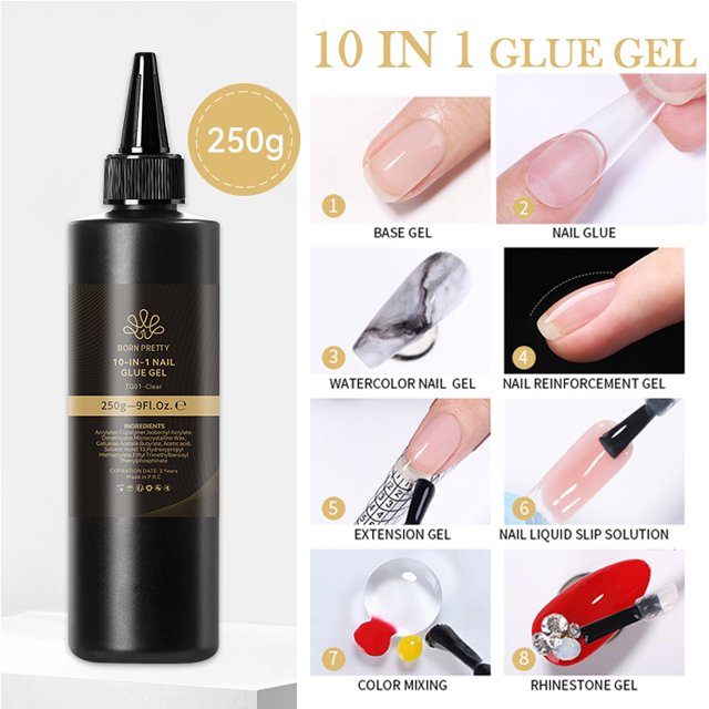 BORN PRETTY-pegamento para uñas súper fuerte, 250g, para puntas de uñas postizas, paquete rellenado, Base de Gel, capa superior mate