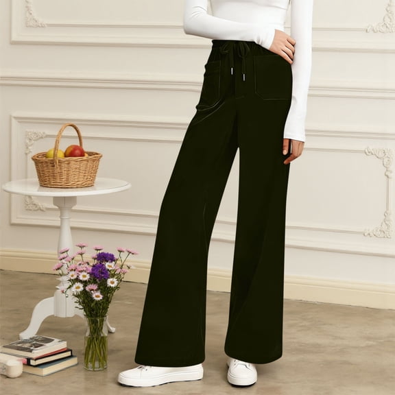 Zedker Soft Velvet Elastic Waist Loose Pockets Pants for Women Casual Wide-Leg Comfy Summer Breathable Long Pants with Drawstring,Army Green,L