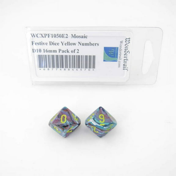 Mosaic Festive Dice with Yellow Numbers D10 Aprox 16mm (5/8in) Pack of 2 Wondertrail