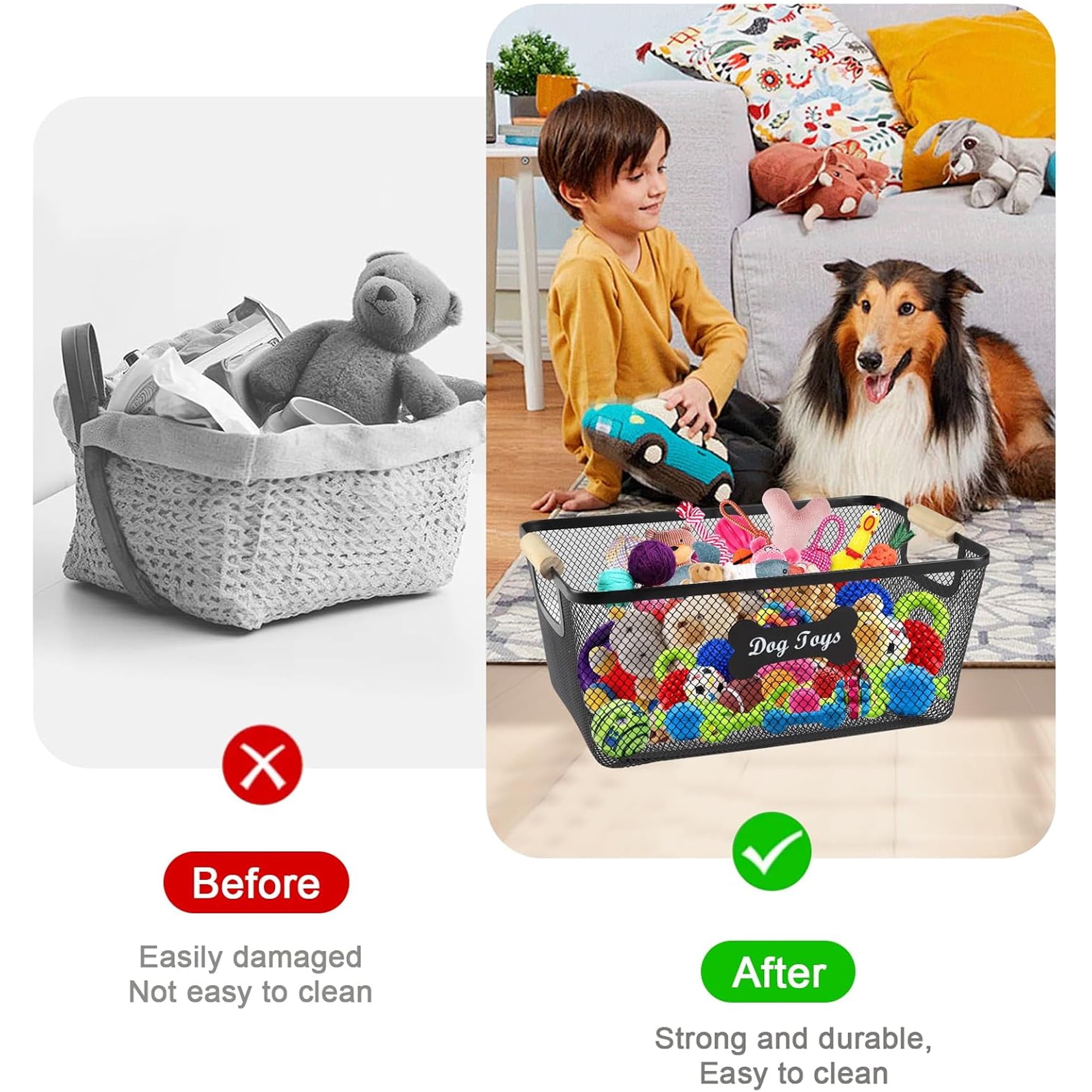Brabtod Dog Toy Basket, Metal Large Storage Basket, Dog Toy Storage Bin for Dog, Dog Toy Organization & Storage, Ideal for Dog Leash, Blanket, Toys, Snacks-Chewproof,Black