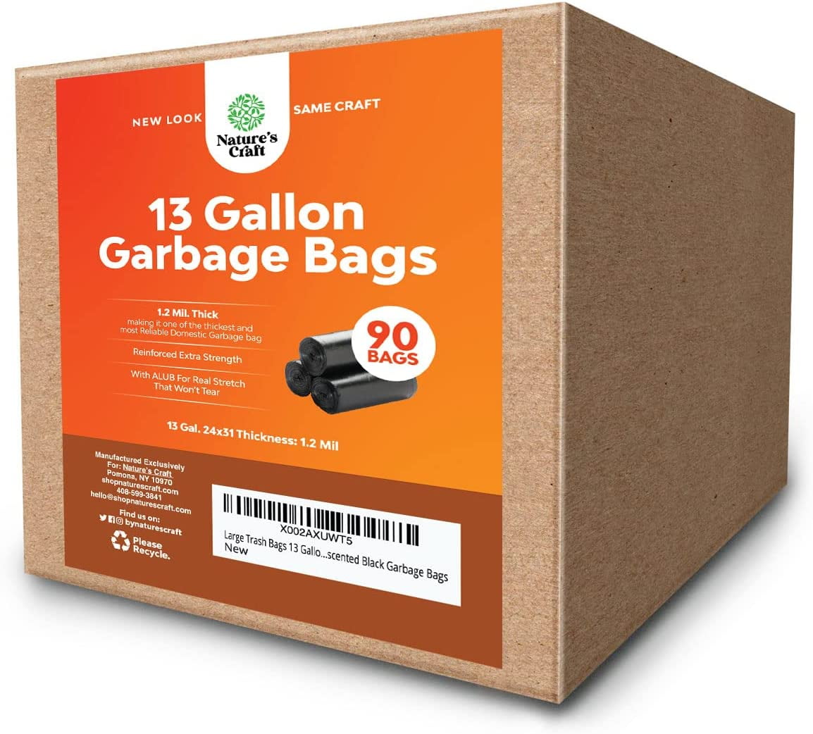 Large Trash Bags 13 Gallon - Biodegradable Trash Bags for Household Cleaning and Kitchen Supplies - Hefty Kitchen Trash Bags + Lawn and Leaf Bags for Household Supplies - Unscented Black Garbage Bags