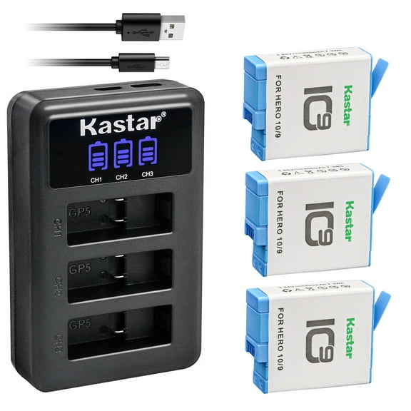 Kastar 3 Pack Battery and LCD Triple USB Charger Compatible with GoPro ADBAT-001 ADDBD-001 Battery, GoPro HERO10 HERO 10 Black Edition, GoPro HERO9 HERO 9 Black Edition Action Camera