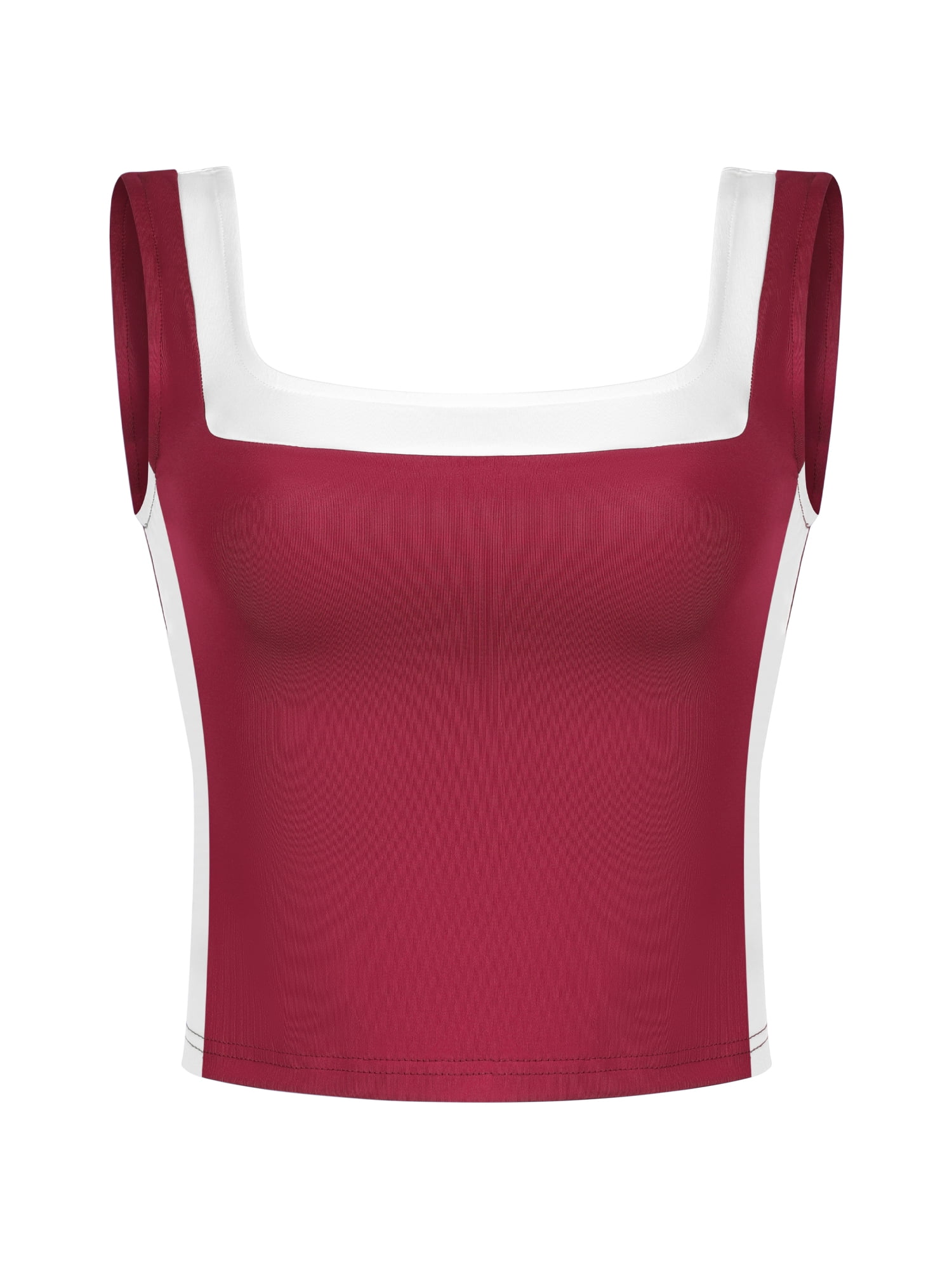 DARING DIVA Women's Crop Square Neck Slim Fitted Color Block Yoga Shirts S Wine Red