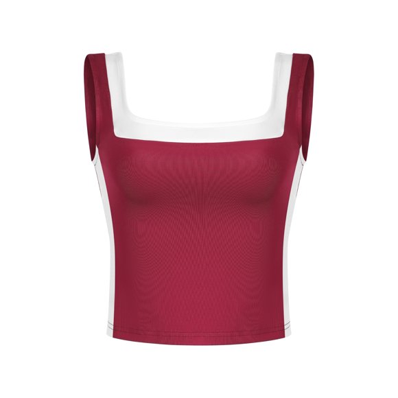 ATHLECHIC Top de tanque corto ajustado para mujer, con escote cuadrado y bloque de color, camisón deportivo para el verano, talla XL, color rojo vino