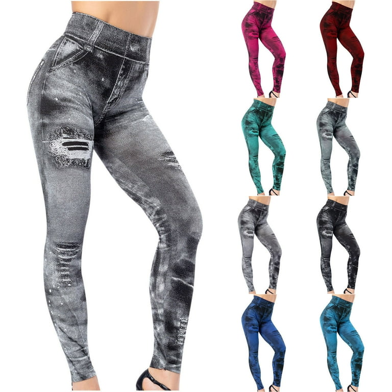 Faux Denim Leggings for Women High Waist, Ripped Jeggings Skinny