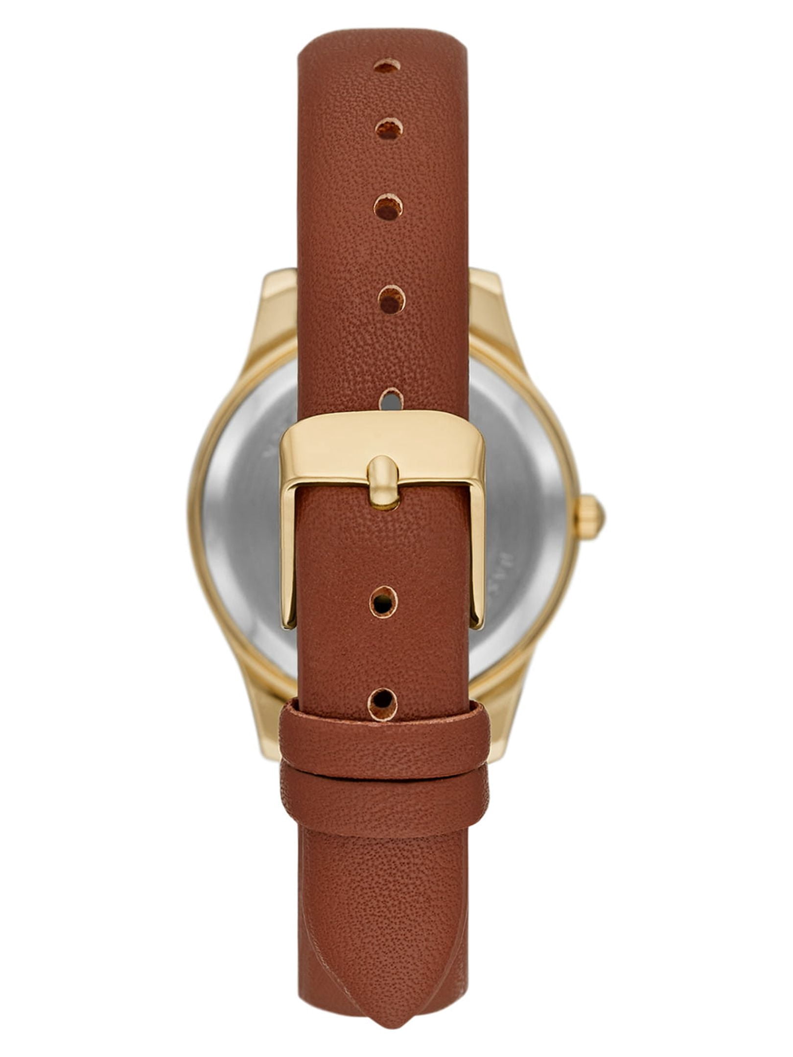 Time and Tru Women's Analog Wristwatch; Gold Tone Round Case, Gold 3-Eye Dial with Crystal Accents, Cognac Faux Leather Strap (FMDOTT082)