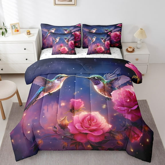 Hummingbird 7 Piece Comforter Set Full Bed in a Bag,Pink Rose Bedding Sets Romantic Flowers Bed Sheets,Wild Animal Bird Sheet Set with Comforter